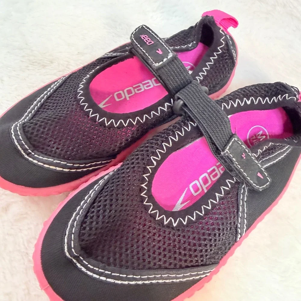 Speedo Kids Water Shoes Black Pink Mary Jane Aqua Socks Size M 7/8‎ Pool Beach